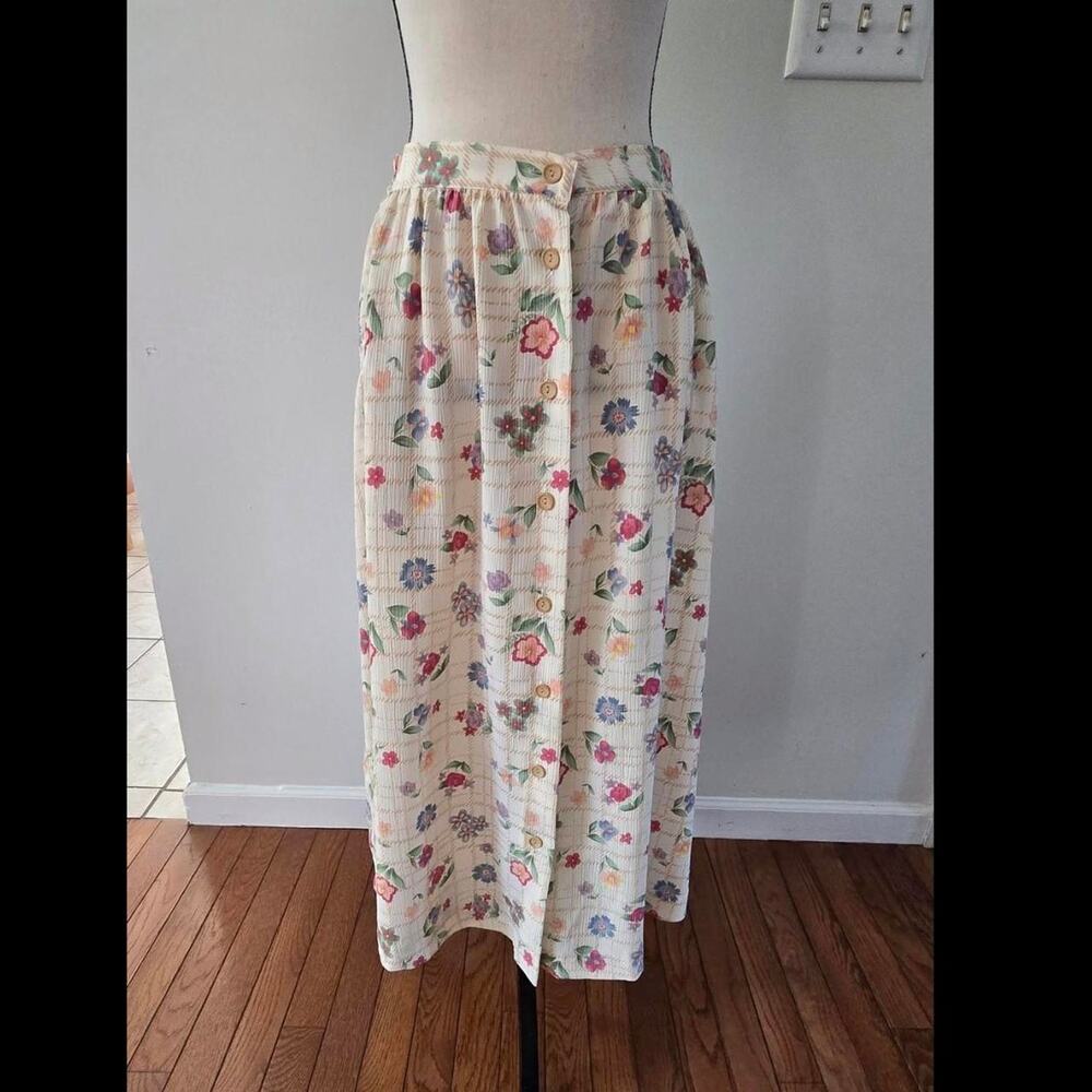 vintage 90s Cream floral print maxi skirt button front elastic waist 10